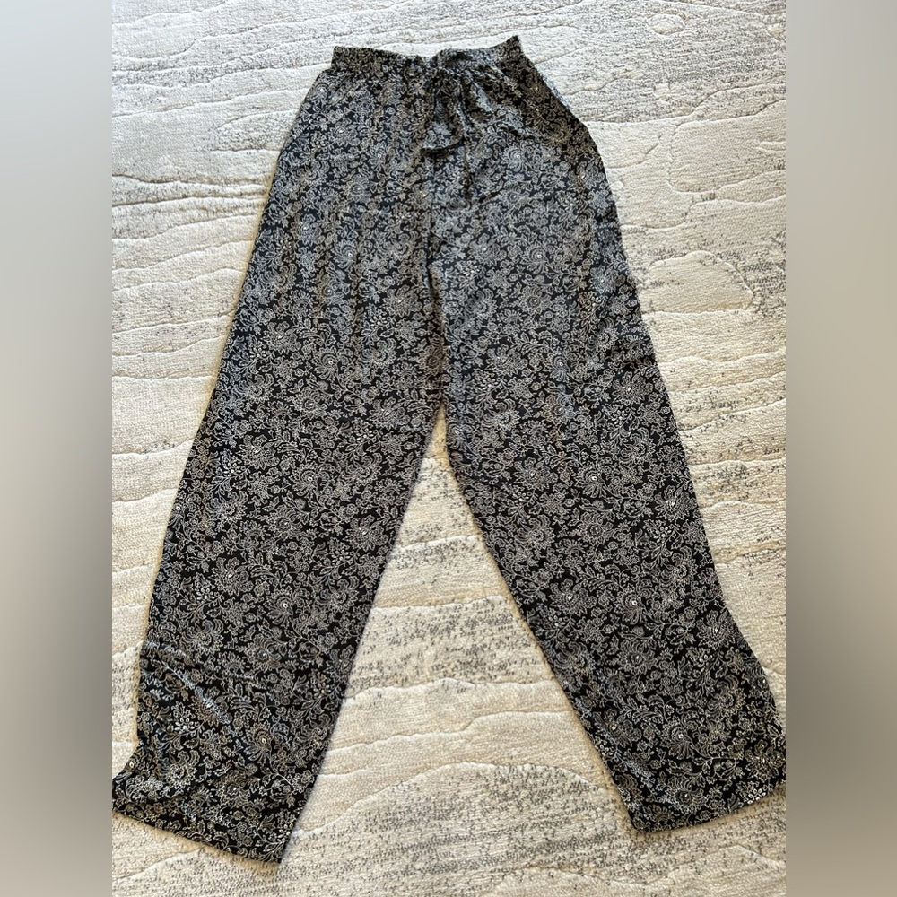 Vintage Blue Women's Loose Floral Elastic Waist Pants Made In USA Size S